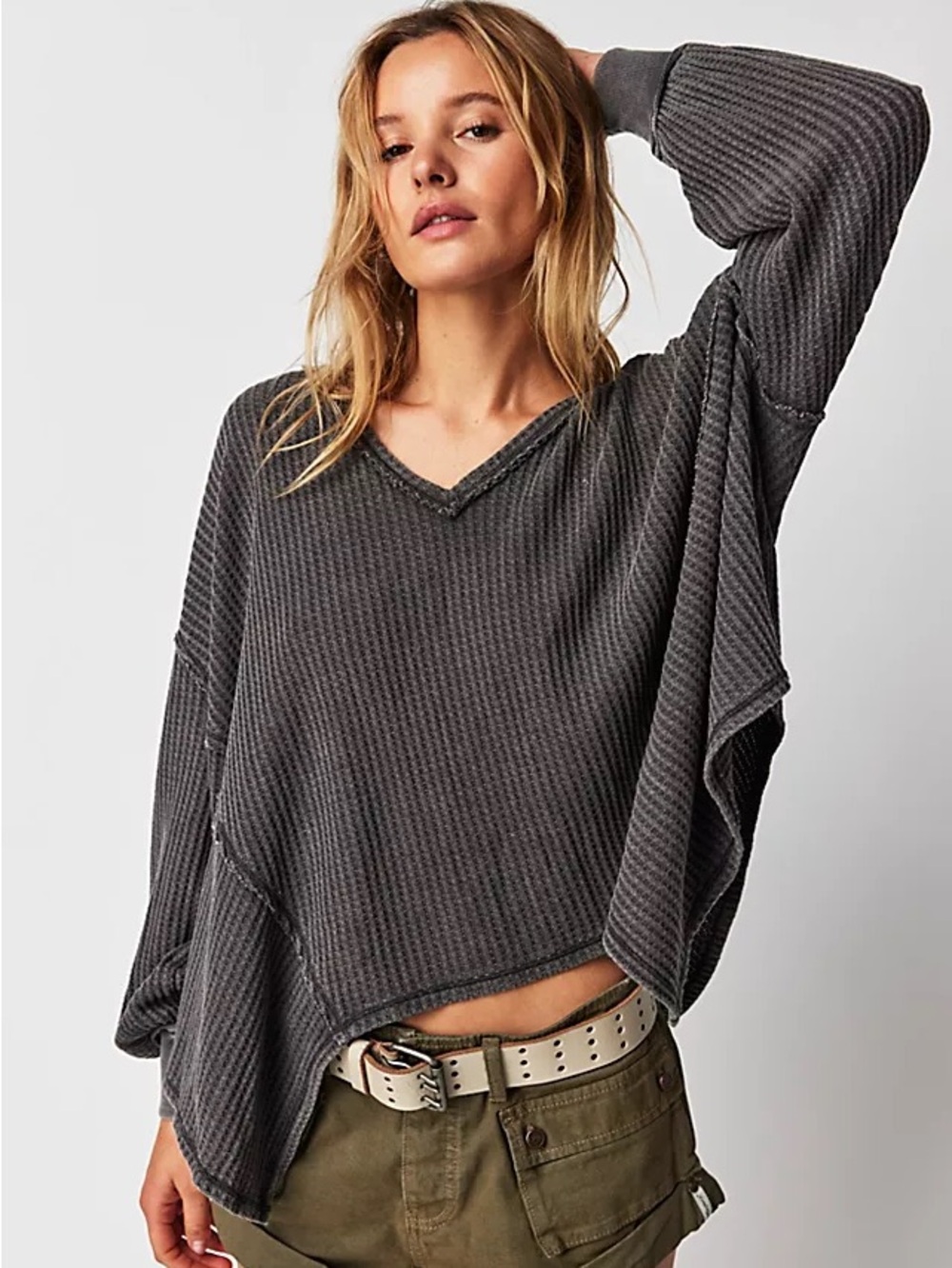 We The Free Waffle Knit Oversized Top | Charcoal Gray | XS